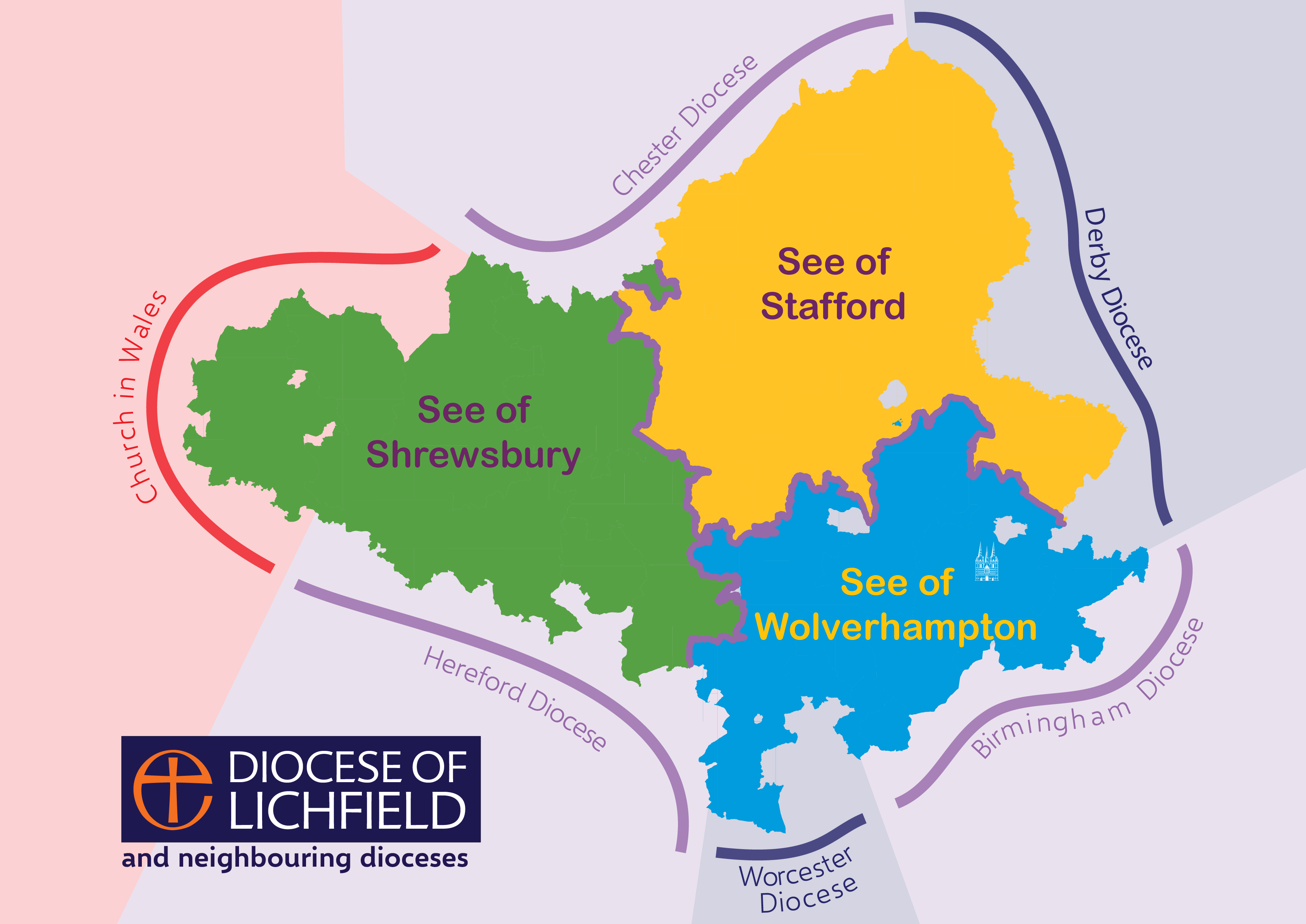 Map showing the neighbouring dioceses to Lichfield: Chester, Derby, Birmingham, Worcester, Hereford and the Church in Wales
