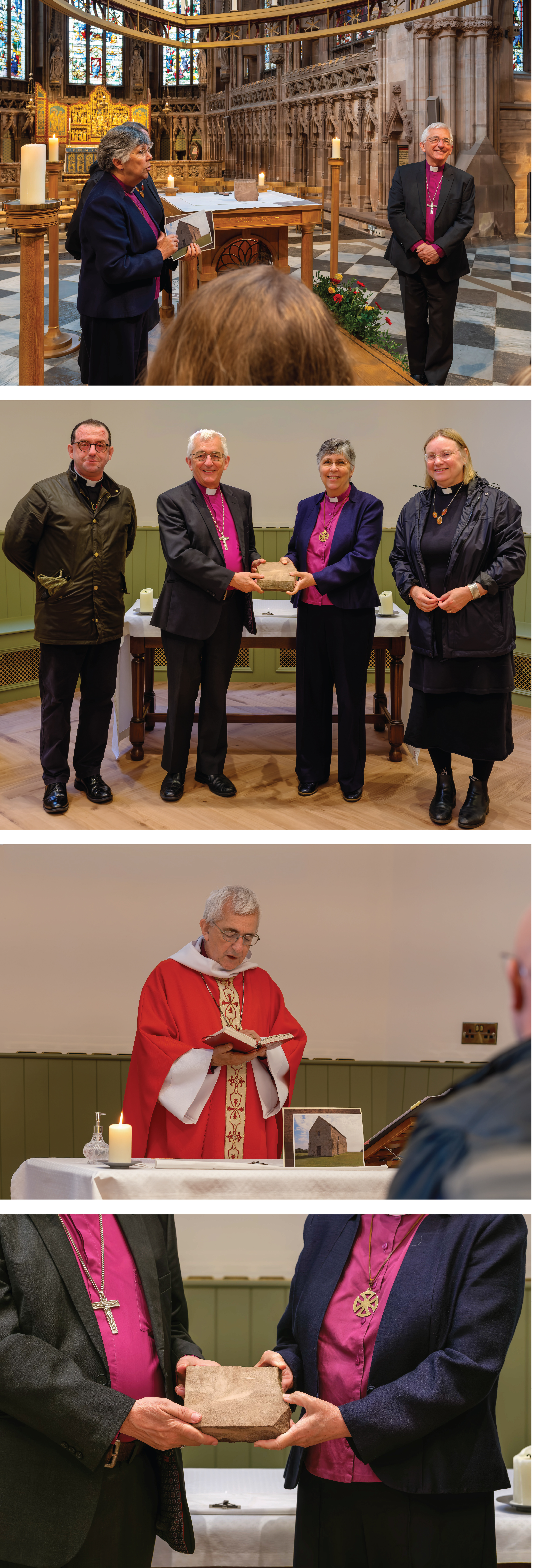collage of four images showing Bishop Guli, Bishop Michael, Dean Jessie and Canon Gregory, at the Shrine of St Chad and in College Hall with the stone from Lichfield cathedral spire