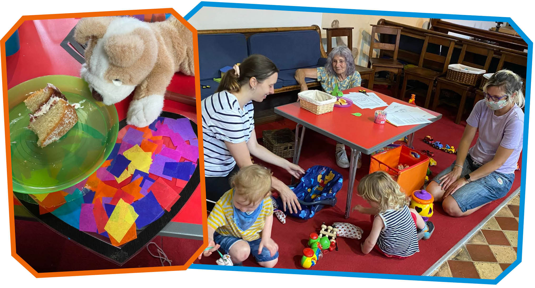 montage: 1) a soft toy 'eating' a slice of cake on a plastic plate; 2) women and toddlers sat on the floor around a low table, playing